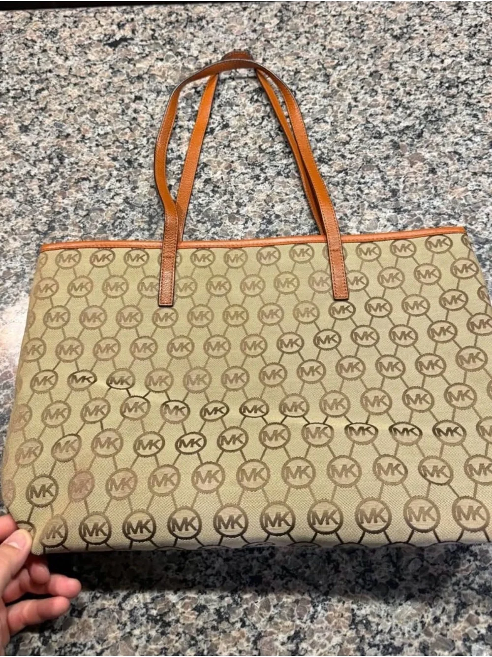 Michael Kors Beige Signature Tote with Tan Leather Handles